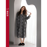 家乐芬睡裙女睡衣裙子春秋款长袖棉质薄款开衫长款衬衫大码时尚连衣裙子 A811710墨灰色 XXXL