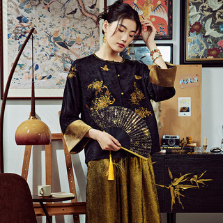 陌遇春夏中国风复古改良天丝刺绣茶服短小衫新中式唐装上衣女 黑色 S