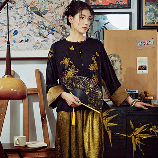陌遇春夏中国风复古改良天丝刺绣茶服短小衫新中式唐装上衣女 黑色 S