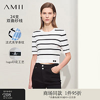 AMII2024夏休闲圆领条纹印花短袖毛针织衫女修身显瘦短款12442153 白黑条 155/80A/S