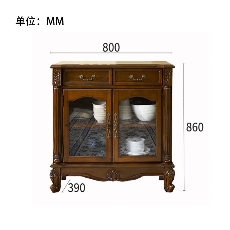 烨垚简约美式实木餐边柜 欧式复古茶水柜多功能储物玄关柜厨房碗柜 0.8米餐边柜（胡桃色）