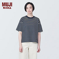 MUJI 無印良品 无印良品（MUJI）女式 条纹 圆领短袖T恤 上衣打底衫女款内搭 早春新品 BB2Q0A4S 藏青色图案 XL 165/92A