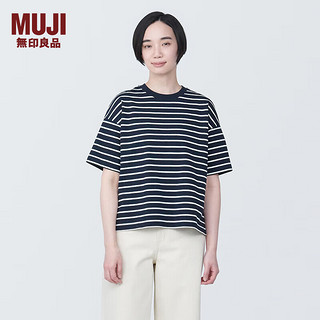 MUJI 無印良品 无印良品（MUJI）女式 条纹 圆领短袖T恤 上衣打底衫女款内搭 早春新品 BB2Q0A4S 藏青色图案 XL 165/92A