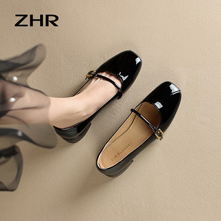 ZHR浅口单鞋女2024春夏法式一字带黑色玛丽珍女鞋百搭粗跟小皮鞋 黑色 38