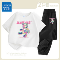 真维斯童装女童运动套装2024夏季儿童粉色两件套时髦中大童休闲圆领短袖 白/J七彩熊-黑/J七彩熊K 150