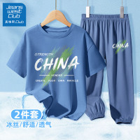 JEANSWEST CLUB真维斯集团儿童套装男童夏季纯棉短袖2024男大童运动薄款夏装 涂鸦中国靛蓝+涂鸦中国K牛仔蓝 120cm(120cm)