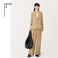 噢姆（AUM）24春亚麻肌理七分袖平驳领短款西装外套 棕色 S