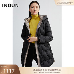 INSUN 恩裳 冬季新品时尚里外撞色设计经典中长款鹅绒羽绒服