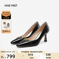 NINE WEST 玖熙 高跟鞋牛漆皮金属衔扣优雅细跟通勤女单鞋NF353030FK 黑色38