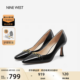 NINE WEST 玖熙 高跟鞋牛漆皮金属衔扣优雅细跟通勤女单鞋NF353030FK 黑色38