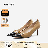 NINE WEST 玖熙 高跟鞋拼色高级感细跟小香风浅口女单鞋NF351001CK深杏/黑36