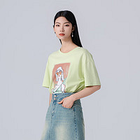 阿依莲季T恤女时髦复古显瘦宽松印花圆领短袖上衣 芦荟绿 XL