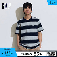 Gap男女装2024夏季水洗棉刺绣logo撞色条纹短袖T恤上衣889282 蓝白条纹 185/108A(XXXL) 亚洲尺码