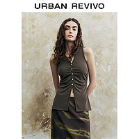 URBAN REVIVO 女士时髦休闲褶皱修身显瘦V领背心 UWH440054 深绿 S