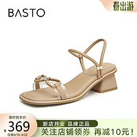 BASTO 百思图 24夏简约蝴蝶结一字带粗跟女凉鞋TS102BL4 杏/透明 39