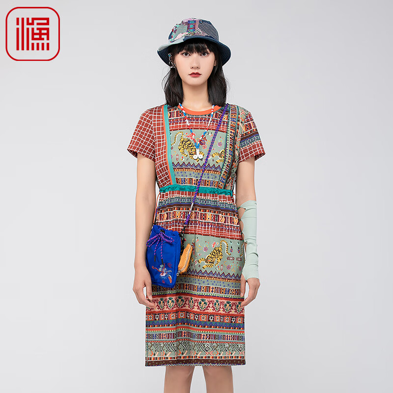 渔渔牌女装连衣裙2024女夏新中式民族风格子印花裙子女FGGB0005 枣橙 S