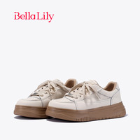 Bella Lily2024春季厚底牛皮板鞋女街头风休闲鞋透气运动鞋子 杏色 35