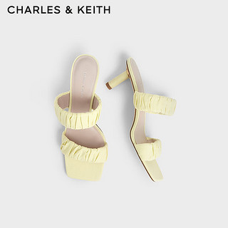 CHARLES&KEITH时尚褶皱一字方头高跟凉拖鞋女CK1-60361409 Yellow黄色 38