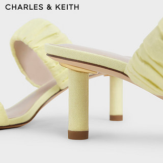 CHARLES&KEITH时尚褶皱一字方头高跟凉拖鞋女CK1-60361409 Yellow黄色 38