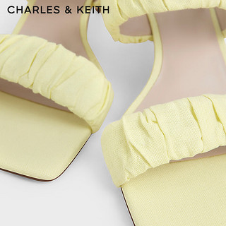 CHARLES&KEITH时尚褶皱一字方头高跟凉拖鞋女CK1-60361409 Yellow黄色 38