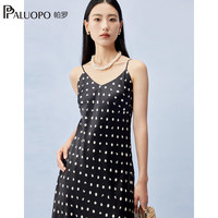 帕罗（PALUOPO）性感沙滩风】100%桑蚕丝女士连衣裙24春夏印花吊带A字沙滩裙 黑夹白 M(160/84A)