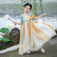 旗铂汉服女童夏款儿童古风超仙薄款古装2024夏季女宝宝国风连衣裙 茉莉鲜橙 100