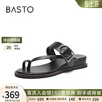百思图（BASTO）2024夏季时尚复古休闲户外一字带坡跟女拖鞋M1071BT4 黑色 36