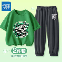 真维斯童装真维斯男童套装2024夏季儿童帅气纯棉短袖大童酷帅两件套夏装 J字圈墨绿+J冠军K灰色 150