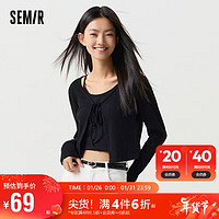 森马（Semir）长袖T恤女短款蝴蝶结V领纯色2024春紧身肌理针织开衫109124101004 黑色90001 XL