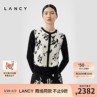 朗姿/LANCY2024春季黑白新中式真丝印花拼接针织外套高级淡雅 黑色 XL
