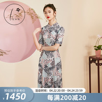 花木深中国风旗袍改良版连衣裙女设计师刺绣高腰裙真丝裙子复古文艺礼服 浅灰色 M