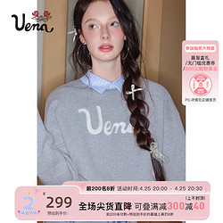 Uena 美式复古灰色衬衫领字母贴布绣短款假两件卫衣女