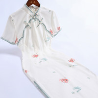 戚薇改良米色旗袍2024夏年轻款少女气质高端日常复古中国风连衣裙 米色 S