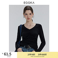 EGGKA高级感显瘦抽褶T恤女时尚洋气修身短款长袖复古辣妹V领上衣 黑色 S
