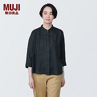 无印良品 MUJI 女式 麻 水洗 立领 七分袖罩衫女士衬衫衬衣夏季款BC2JJA4S 黑色 S （155/80A）