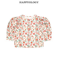 happyology英国儿童春夏女童中袖衬衣马蹄袖英伦上衣印花圆领衬衫 琥珀芍药花 104cm