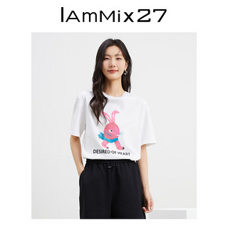 Iammix27短袖T恤女春夏个性撞色印花休闲百搭全棉圆领套头上衣女 桃红色 S