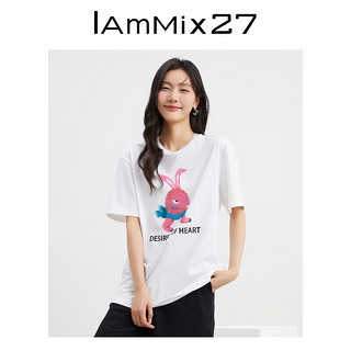 Iammix27短袖T恤女春夏个性撞色印花休闲百搭全棉圆领套头上衣女 桃红色 S