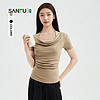 SANFU 三福 短T恤2024夏季气质荡领短袖褶皱设计时尚上衣女装485300 驼色 160/84A/S