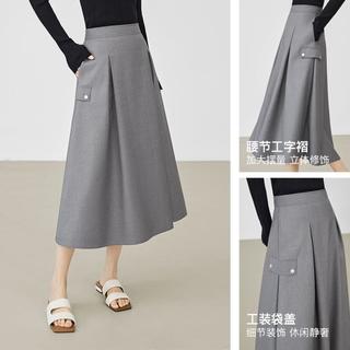 DUIBAI 对白 2024春装设计感捏褶大裙摆工装风口袋女式A字半身裙