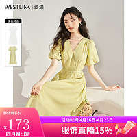 WESTLINK 西遇 国风中式盘扣泡泡袖连衣裙女2024夏季新款V领绑带公主裙子女 绿色 S