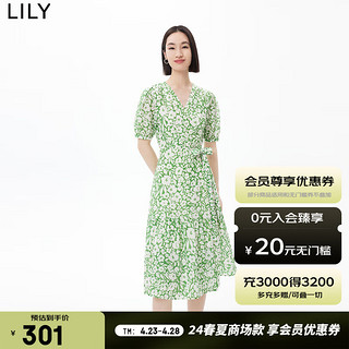 LILY 女装浪漫艺术印花法式复古茶歇裙高腰五分袖连衣裙 305草绿 M