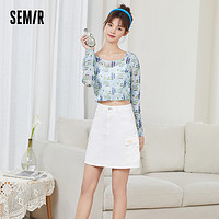 Semir 森马 打底衫女时尚满版印花BM风网纱长袖t恤ins潮打底衫上衣