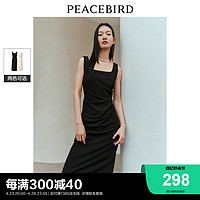 PEACEBIRD 太平鸟 方领无袖气质吊带连衣裙24春新款收腰抽皱显瘦中长款裙子