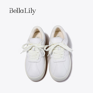 Bella Lily2024春季增高牛皮面包鞋女时尚小白鞋圆头憨憨鞋子 米白 38