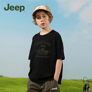 Jeep 吉普 童装儿童纯棉T恤夏季2024运动宽松圆领短袖女童男童 黑色 150cm