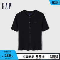 Gap女装2024夏季刺绣logo纽扣半袖针织衫简约百搭上衣496379 黑色 170/88A(L) 亚洲尺码