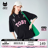 a02 宽松polo领短袖T恤女2024新款夏季黑色显瘦遮肉通勤夏装上衣