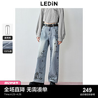 LEDIN 乐町 涂鸦印花牛仔裤2024年春季新品复古休闲阔腿裤直筒百搭裤子