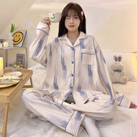 婧麒（JOYNCLEON）春夏季家居服女士睡衣宽松家居开衫长袖套装舒适透气 白色条纹Jsy127378 XXL码